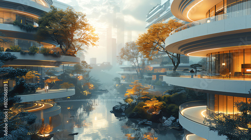 The prompt for this image is: "futuristic city with a river running through it, surrounded by trees and greenery"