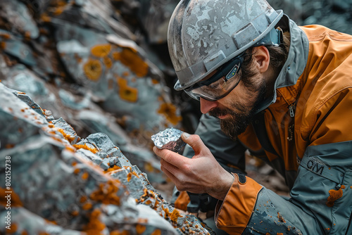 A geologist examines a platinum nugget in a mine - appreciating the raw beauty and rarity of the metal in its natural form