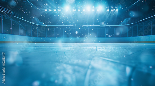 Ice hockey rink with icy blue particles gliding gracefully amidst a softly blurred scene, echoing the speed and precision of the sport.