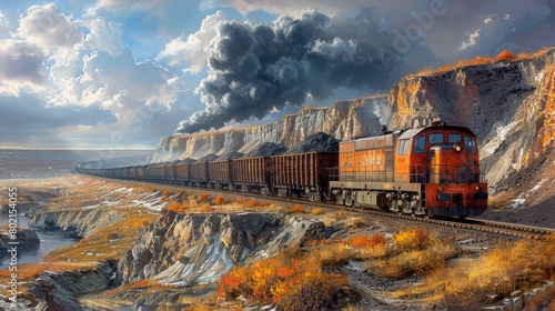 Ploughing its path on industrial rail lines, a train carries a vital cargo of coal, underlying the realities of energy resource transportation.