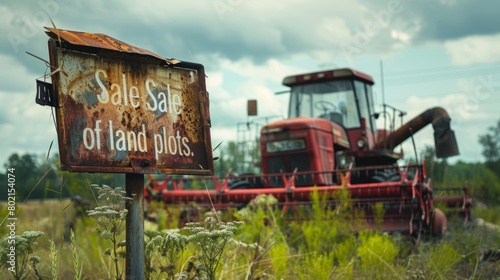 In a neglected agricultural field, an old tractor lies abandoned. The land, previously owned by bankrupt farmers, is now open for sale to potential buyers looking for new opportunities.