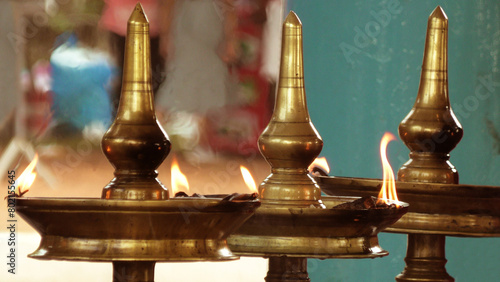 Special divine oil lamp arrangement for auspicious ceremonies in Kerala, India 