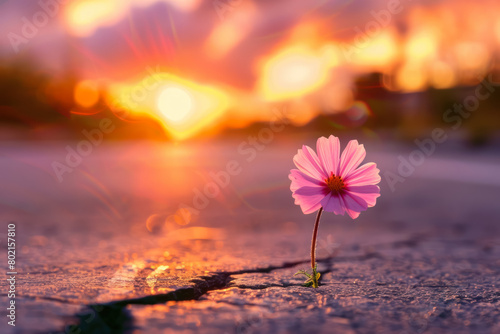 resilient pink flower growing in cracked pavement at sunset, symbol of hope and survival