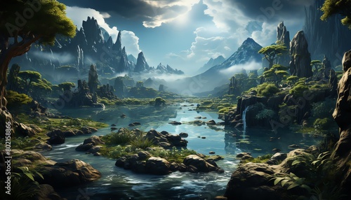 Mysterious stock photo of a hidden valley with floating islands and waterfalls, where the laws of physics are defied and freedom reigns