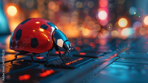Artistic rendering of a ladybug sitting on the touchpad of a laptop, symbolizing small, impactful interruptions in digital workflows