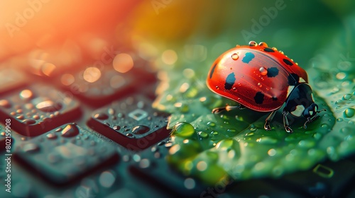 Macro shot of a bright red ladybug exploring the surface of a laptop, creatively illustrating the concept of bugs in technology
