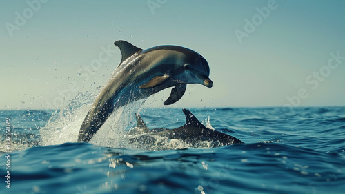 Two dolphins jumping out of water