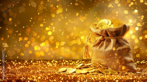 A bag of gold coins with a golden background