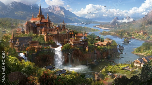 A beautiful city built on a cliff with a waterfall.