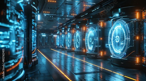 Sci-fi futuristic spaceship interior with blue and orange lights