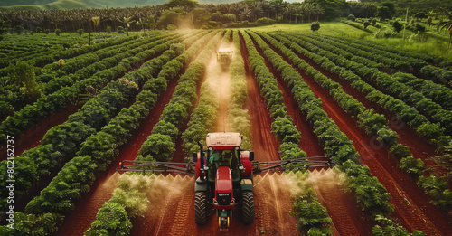 A tractor spraying weed killer on an orange field