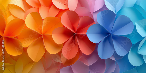 Schöne leuchtende bunte Kleeblätter in abstrakter futuristischer Kunst aus Stoff und Papier als Hintergrund für Webdesign und Drucksachen
