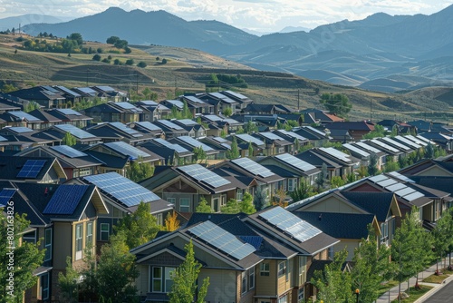 Many houses in a neighborhood are equipped with solar panels on their rooftops, showcasing widespread adoption of sustainable energy