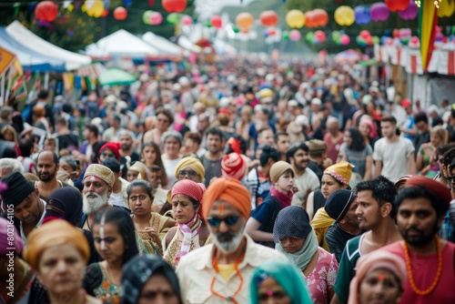 Multicultural crowd walking together down a bustling city street, celebrating diversity and heritage at a cultural festival