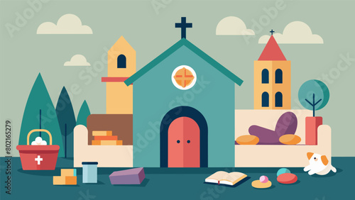 A Protestant church includes a quiet room in their building equipped with sensory toys and comforting items for individuals who may become overwhelmed. Vector illustration