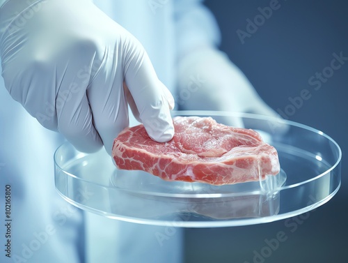 Fresh raw steak on a petri dish, held by gloved hand, scientific food testing, copy space