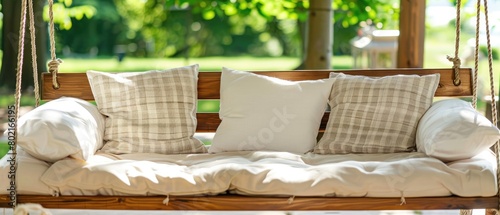 Detailed view of a comfortable porch swing in a shady spot, lazy afternoons outdoors