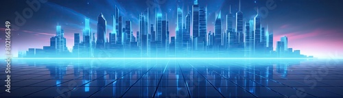 Abstract neon grid landscape, cyber city concept, futuristic skyline, wide banner format