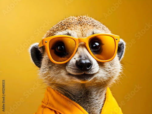 funny meerkat with sunglasses with yellow background generative AI