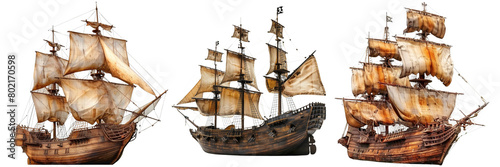 Set of sailing old pirate ship made with wood on a transparent background