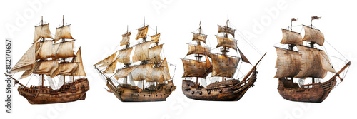 Set of sailing old pirate ship made with wood on a transparent background