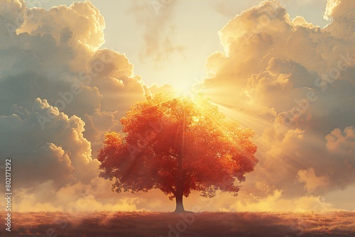 Tree in the sky with sun rays, render illustration