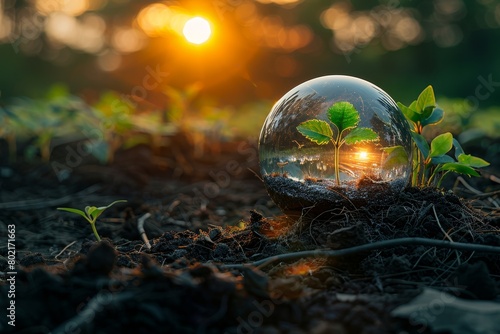 A small plant growing inside a glass ball