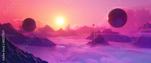 Generate an AI-generated surrealistic scene with floating objects against a vibrant sunset gradient background, transitioning from pink to deep purples, blurring the lines between reality and fantasy.