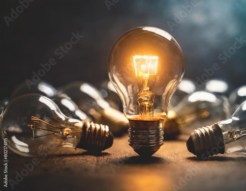 Lightbulb glowing among shutdown light bulb in dark area. Generated with AI
