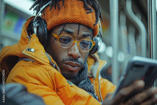 Happy African American millennial man in yellow hat, trench coat sits in subway train, using mobile phone, listens to music with wireless headphones in public transportation.