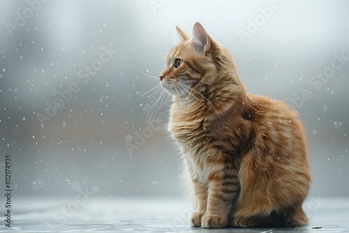 Cute ginger cat sitting on the windowsill in the rain