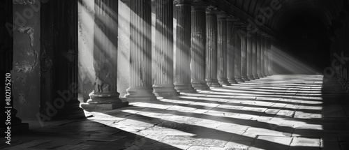 A long hallway with pillars and a sunbeam shining on the floor