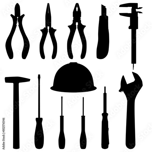 Electrician, construction worker, repairman hand work tools silhouettes