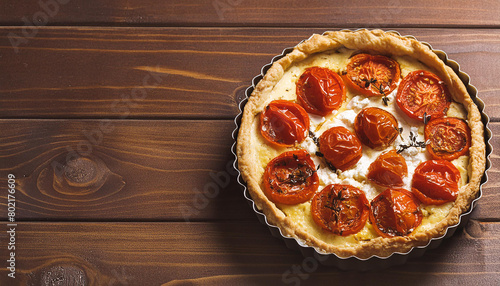 Freshly baked tomato and goat cheese tart on brown wooden table. Tasty food. Homemade bakery.