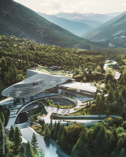render, aerial view, a modern sport center in mountain valley with river separate, forest alpin view, white building, midday, summer 