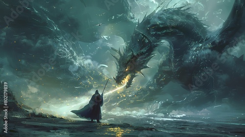 A cloaked mage confronts a towering sea dragon amidst a tempestuous ocean, with magical energy crackling through the air.