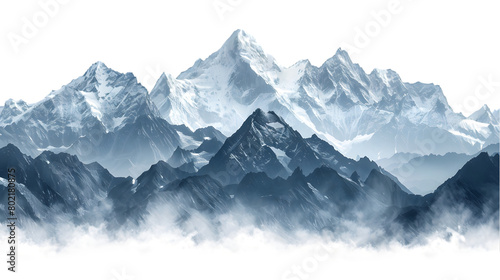 Majestic mountain peaks with snow-capped summits isolated on a transparent background