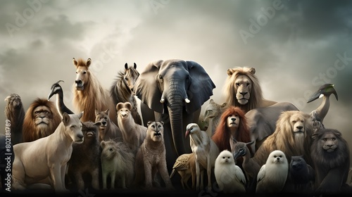 animals in the forest, animals in the wood, Animals sitting together, dog, cat, lion
