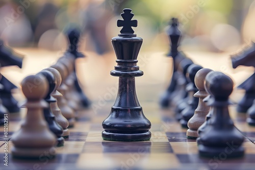 A king chess piece on an outdoor chessboard, surrounded by other pieces, with a soft-focus park background
