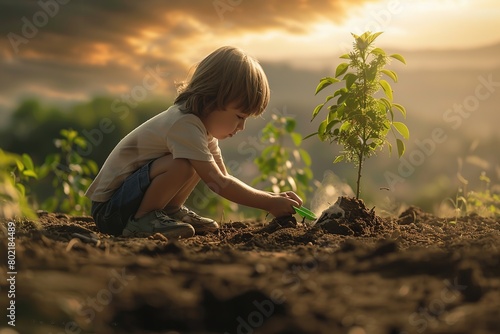 A symbolic image of a child planting a tree, illustrating the future of environmental stewardship
