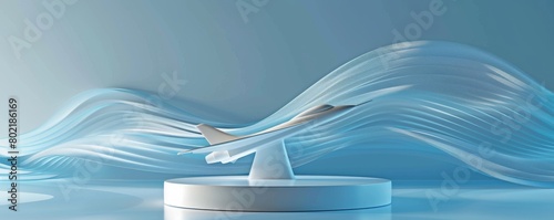 Streamlined White Airplane Model on Circular Pedestal Against Dynamic Blue Wave Background
