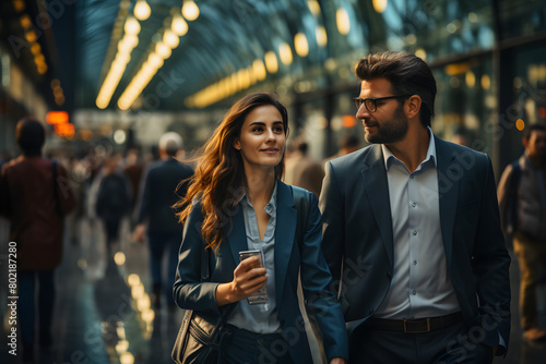Businessman and woman walking together side by side