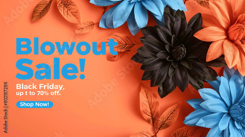 Fiery orange background with cool blue text "Blowout Sale! Black Friday, up to 70% off. Shop Now!"