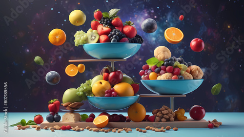 Balance avec des aliments santé sur fond coloré et lumineux. Beaucoup d'espace sur les deux tiers supérieurs de l'image. Style réaliste, 4K