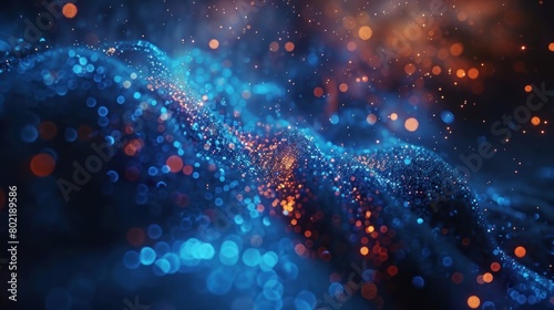 3d rendering, science fiction background of glowing particles with depth of field and bokeh. Particles form line and surface grid. microcosm or space. Blue V11