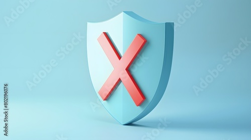 cartoon 3d Icon safety shield x mark perspective . Blue symbol security safety icon. Red X mark in minimalistic style. 3d vector illustration. white background