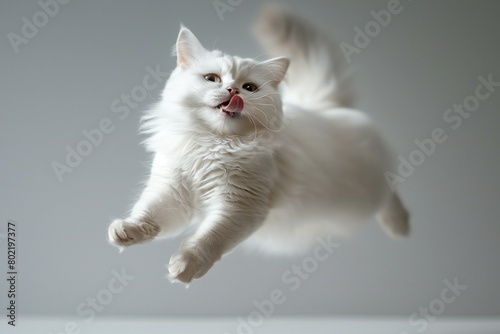 Cute white persian cat jumping and having fun on grey background