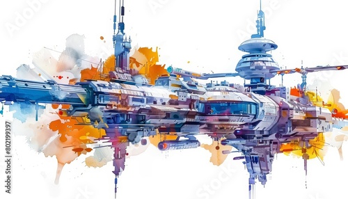 A cyber watercolor painting portrays an orbital space station designed in a quaint