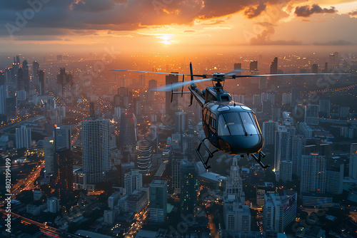 A millionaire enjoys a helicopter tour over a bustling metropolis, symbolizing a lifestyle of high-level oversight and luxury