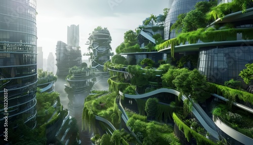 A splendid environmental awareness city integrates vertical gardens in its skyscrapers, showcasing green urban development, Interior 3d render Sharpen highdetail realistic concept